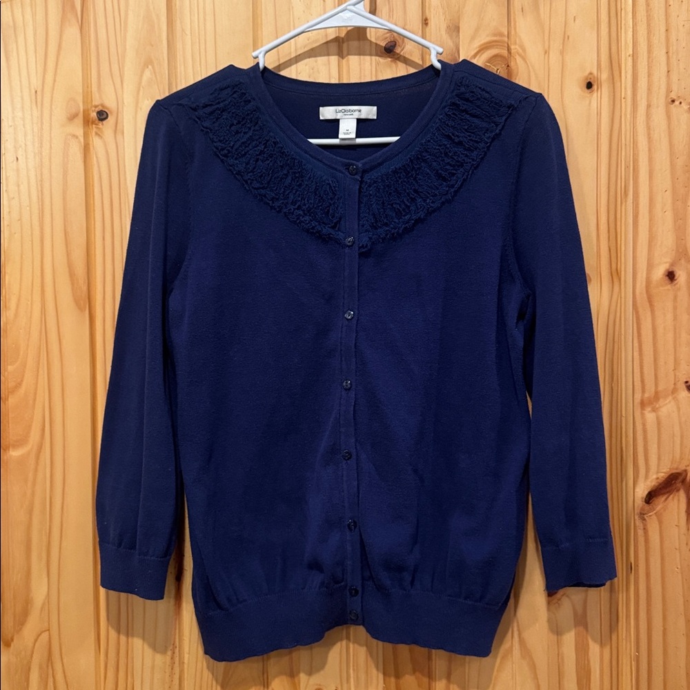 Liz Claiborne Navy Blue Textured Cardigan, 3/4 Sleeve, Size M